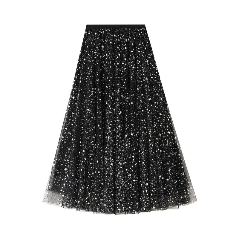 A- line Bubble Mid-Length Sequined Tulle Skirt