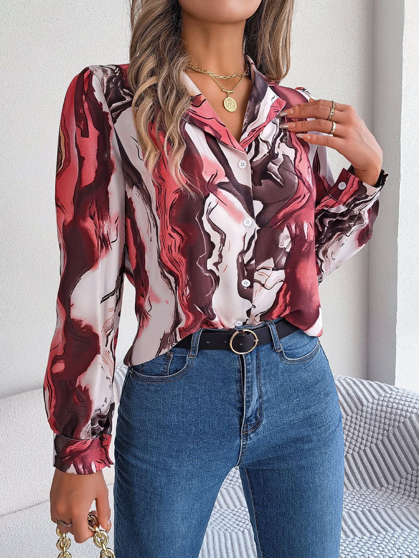 Contrast Color Collar Long Sleeve Shirt