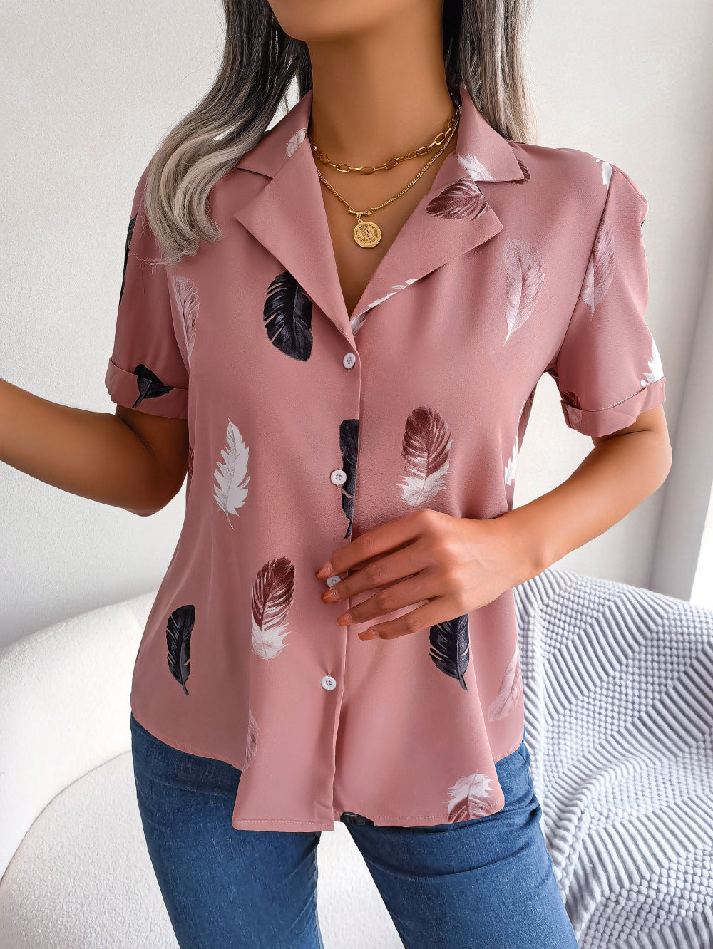 Elegant Collar Feather Loose Short Sleeve Shirt