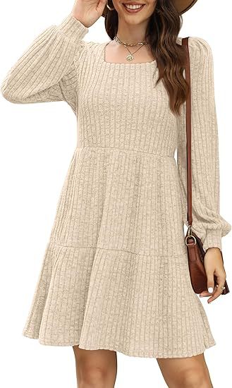 Square Collar Lantern Sleeve Pocket Long Sleeve Dress