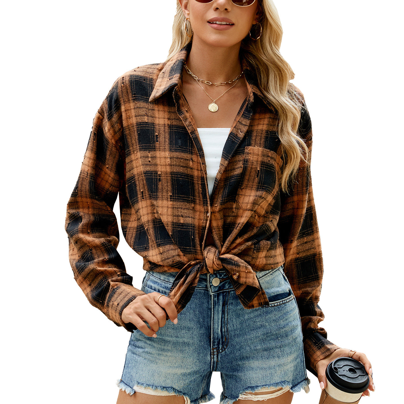 Retro Crocheted Long Sleeve Loose Lapels Plaid Shirt