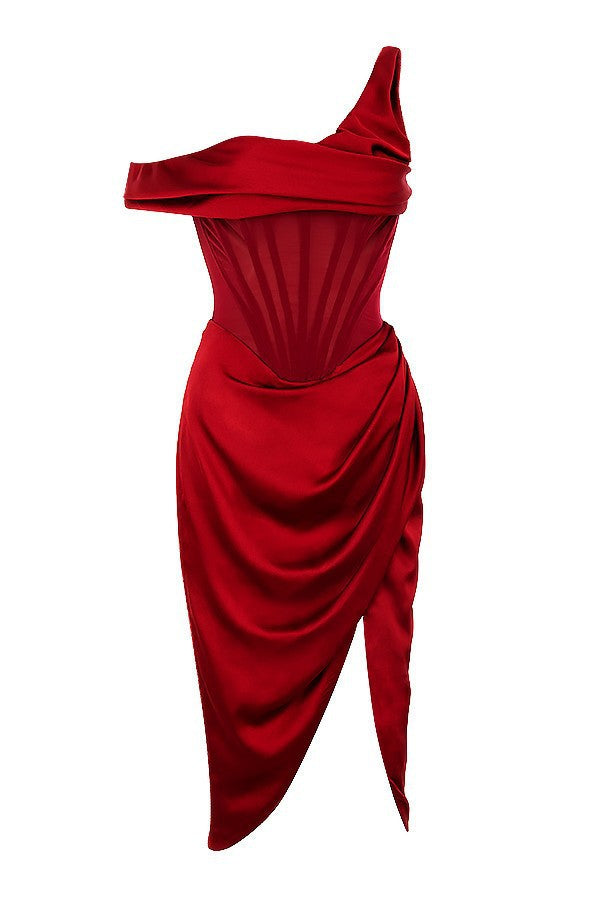 Sexy One-Shoulder-Nähte, unregelmäßiges, asymmetrisches Schlitzkleid