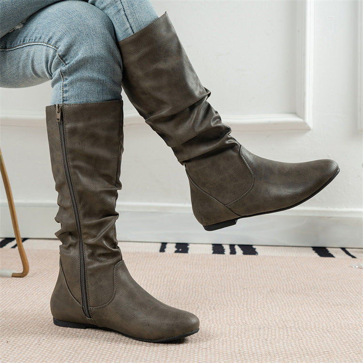 Pleated High Top Inner Zipper Flat Bottom round Head Boots