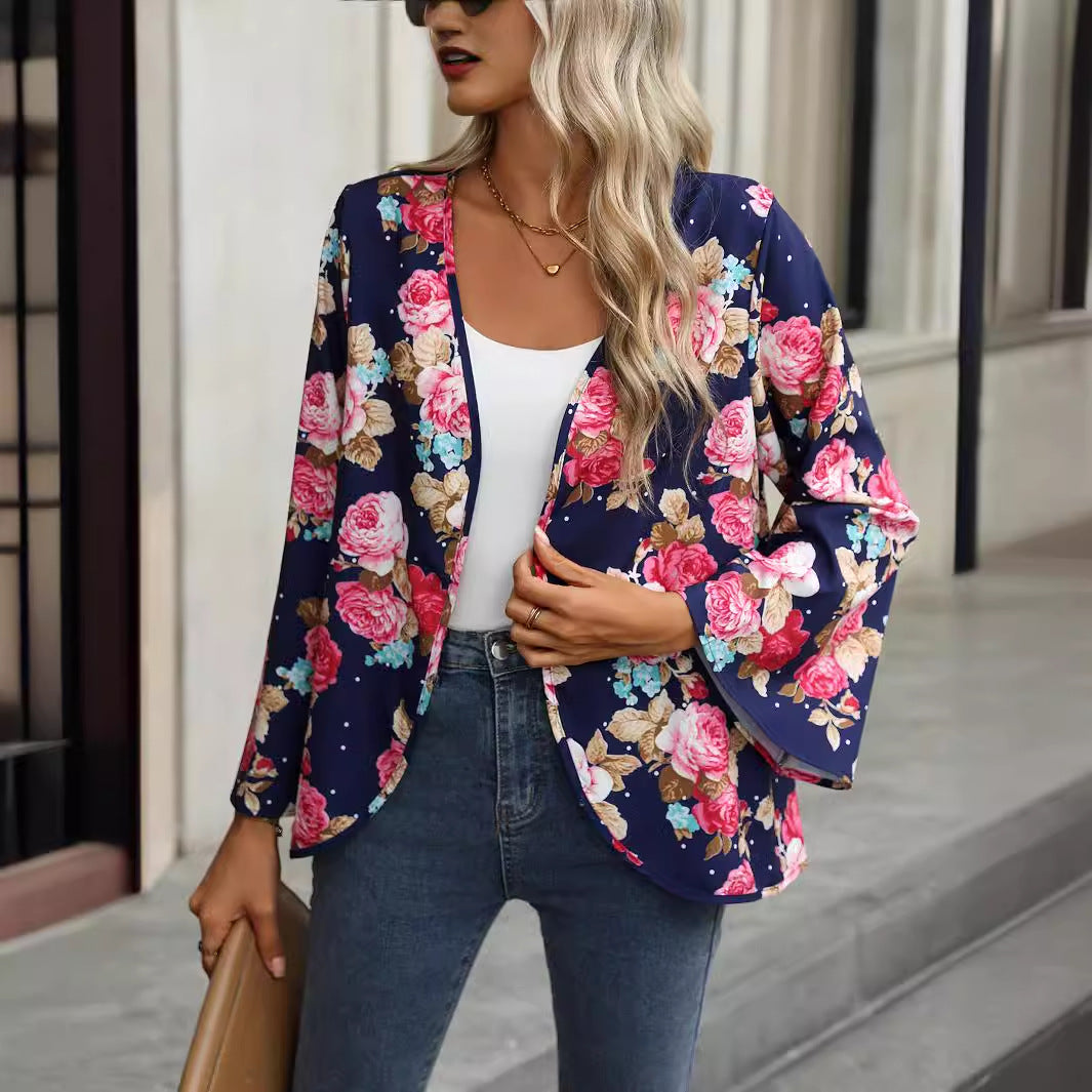 V Neck Floral Print Bell Sleeve Shirt