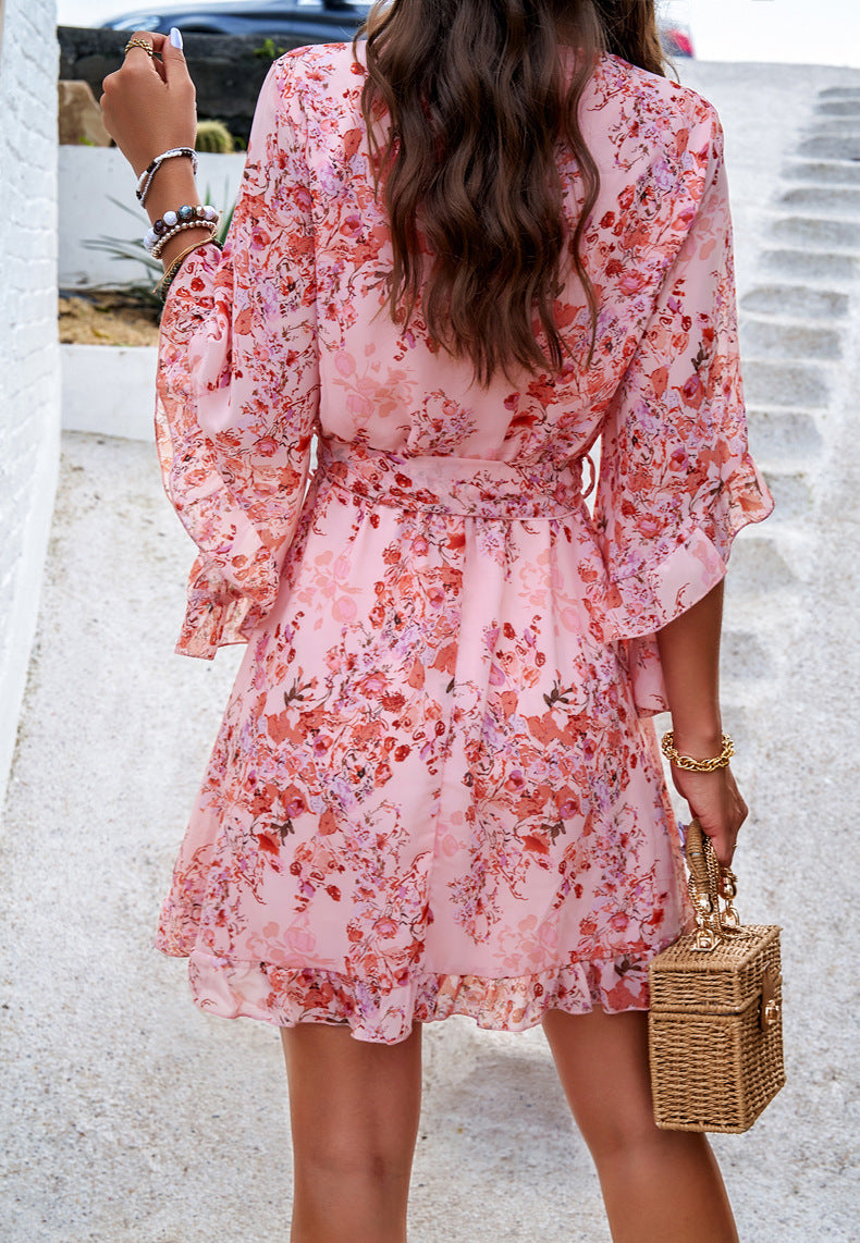 Elegant Printed Lace Up Dress