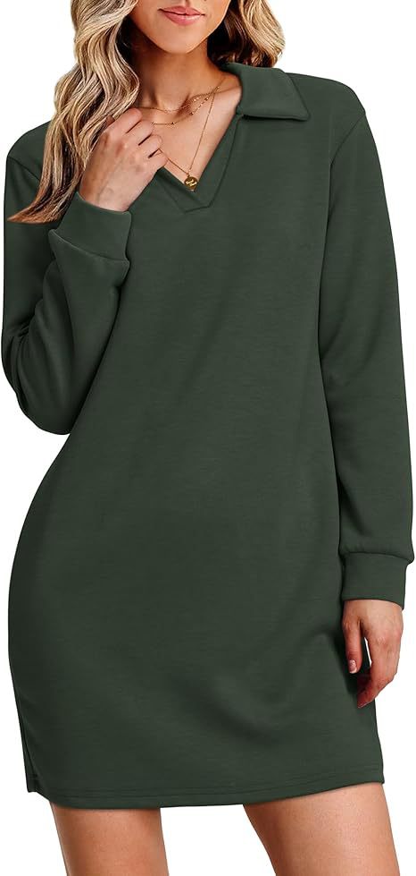 Collared Long Sleeve Casual Solid Color Sports Sweater Dress