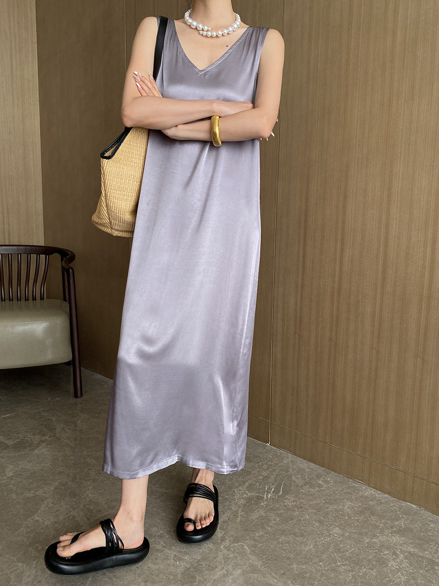 Elegant V Neck Draping Satin Sleeveless Dress