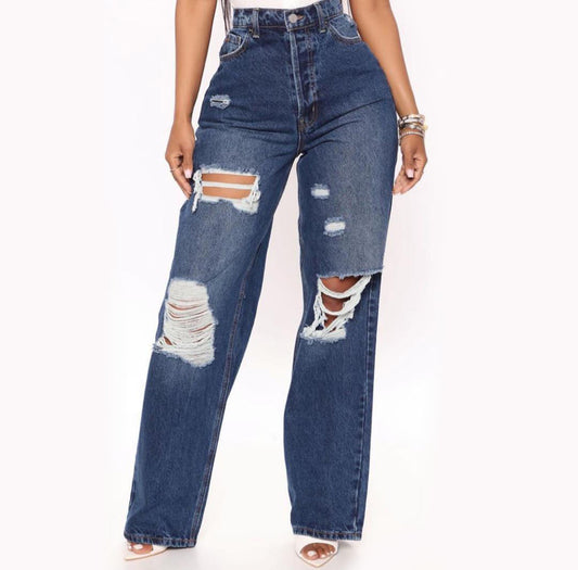 High Waist Loose Hole Straight Jeans