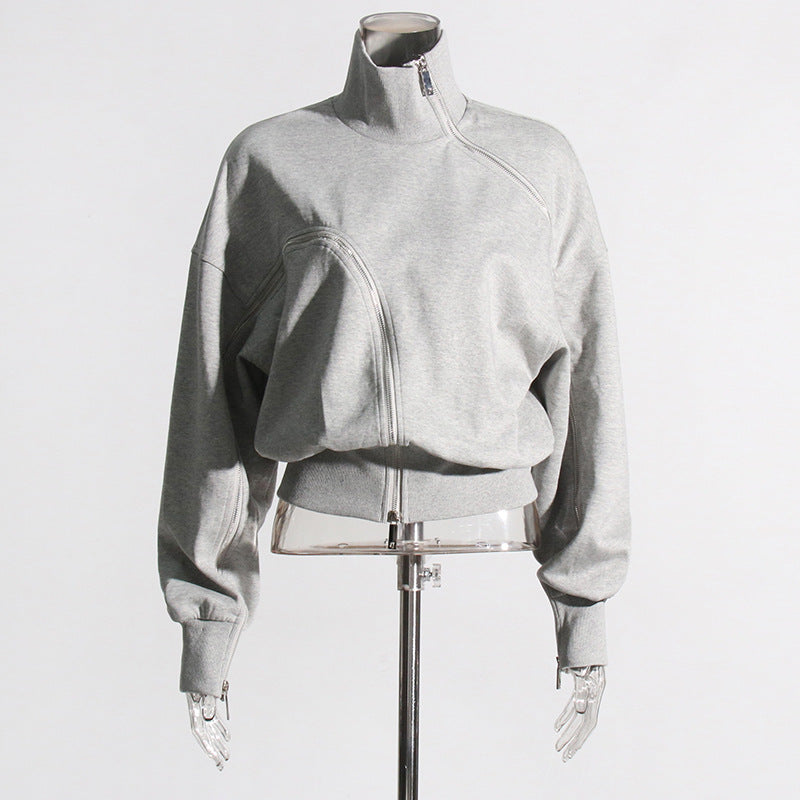 Stitching Zipper Waist Slimming Solid Color Sweatshirt
