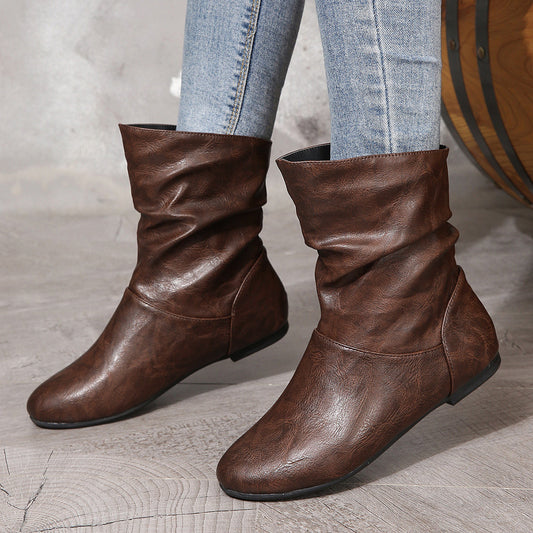 Round Toe Faux Leather Ankle Boots