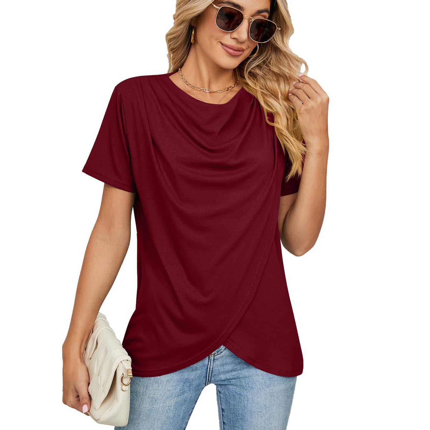Solid Color round Neck Criss Cross Loose Short Sleeve T-shirt Top