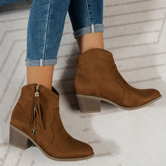 Metal Zip Tassel Low Western Denim Boots