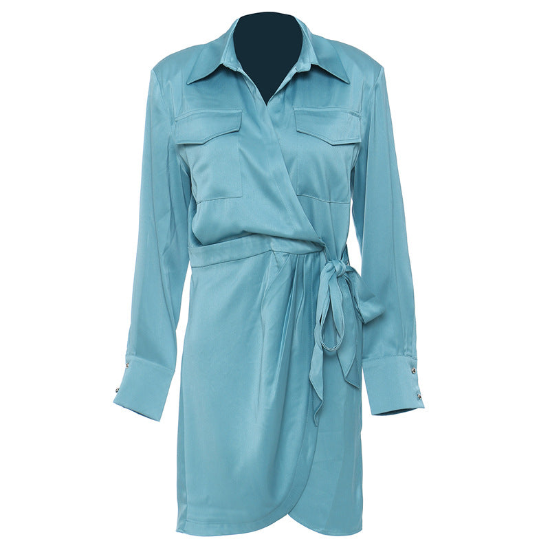 Satin Tooling Pocket Mid Length Shirt Dress