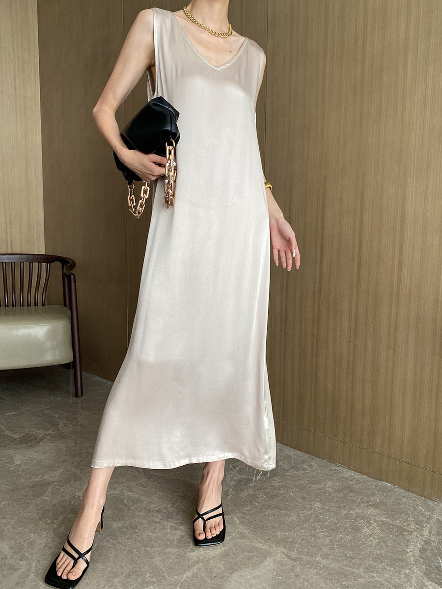 Elegant V Neck Draping Satin Sleeveless Dress