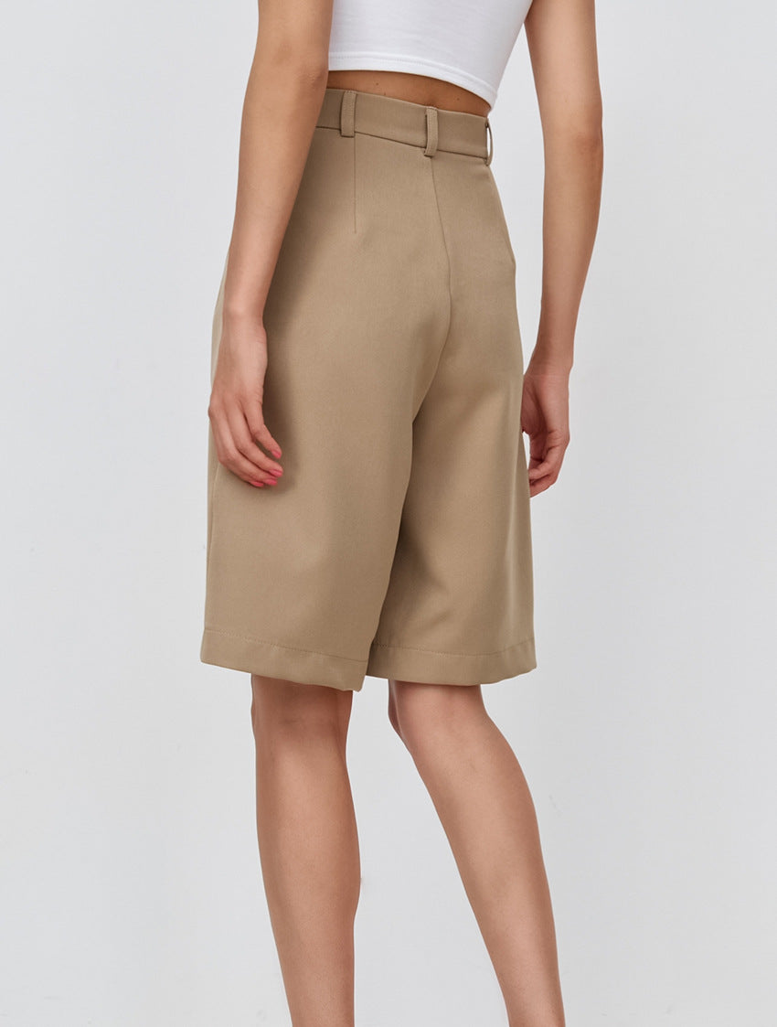 Pantalones cortos informales de cintura alta de color caqui para oficina