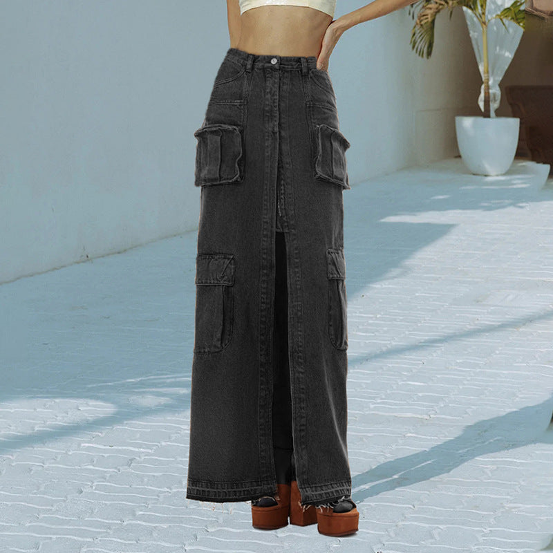 High Street Spring High Waist Long Straight Front Slit Design Denim Solid Color Skirt