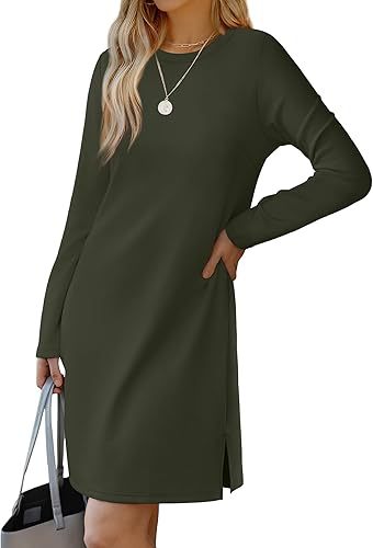 Round Neck Slit Hemline At Hem Sweater Long Sleeve Casual Dress