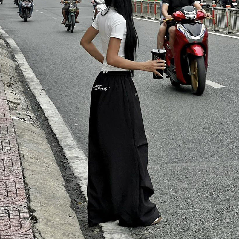 Pantalon de vadrouille droit ample à taille contrastée en dentelle à jambes larges