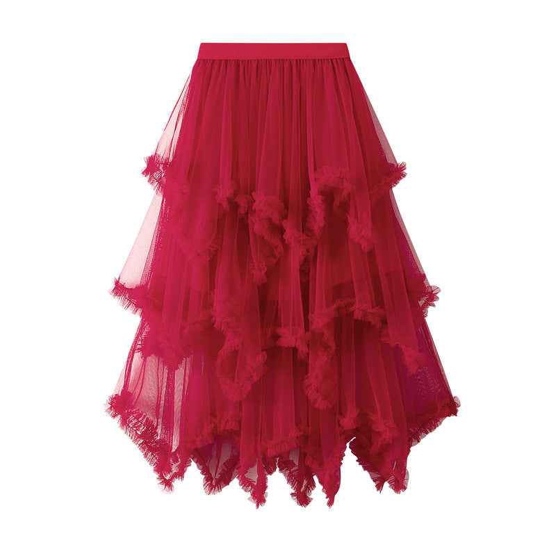 Wooden Ear Irregular Asymmetric Mesh Tiered Skirt