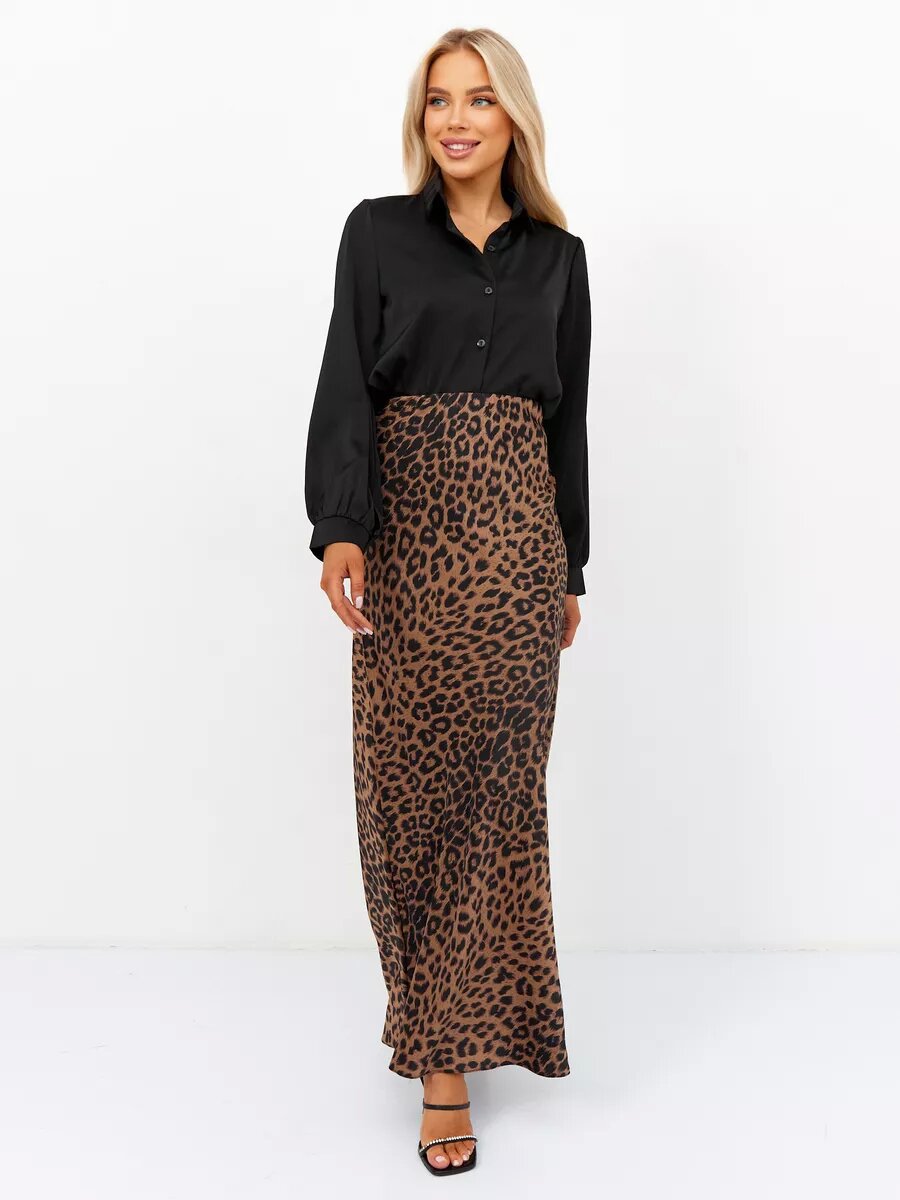 Satin Sexy Leopard Print Maxi Skirt