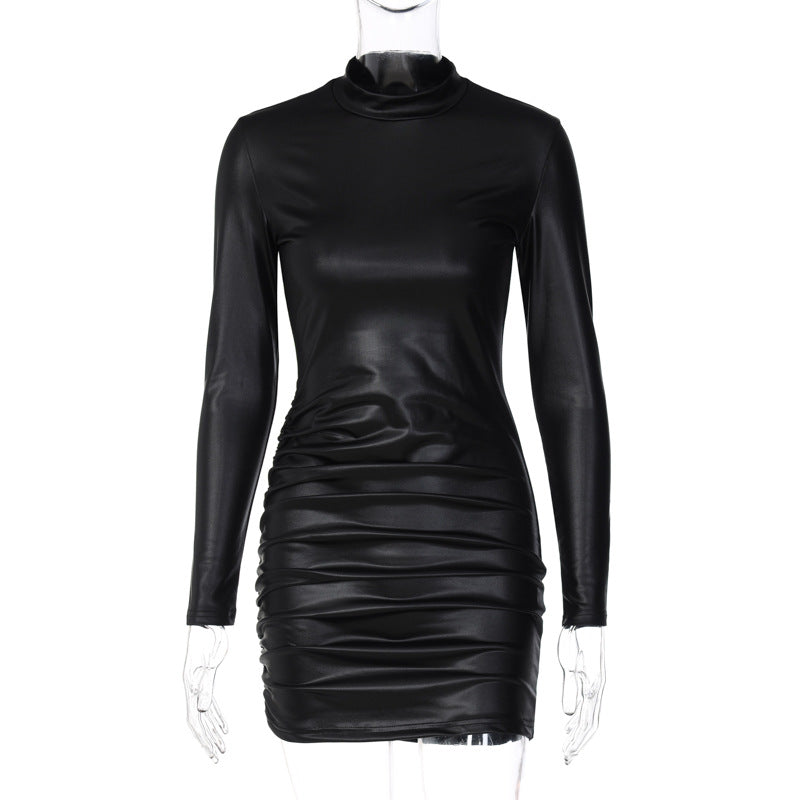 Solid Color Faux Leather Pleated Slim Fit round Neck Long Sleeves Dress
