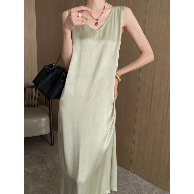 Elegant V Neck Draping Satin Sleeveless Dress