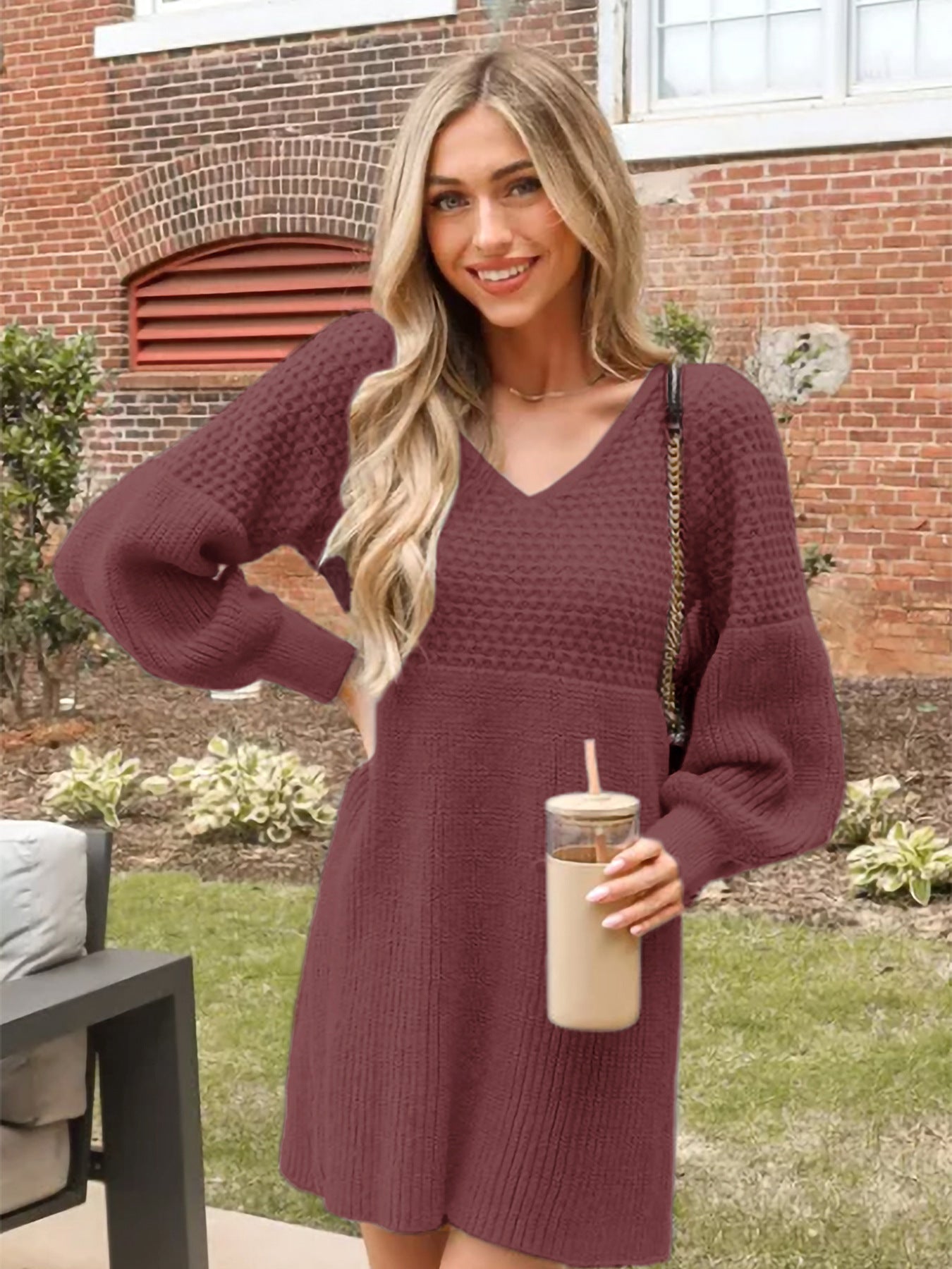 V Neck Lantern Sleeve Solid Color Woolen Dress