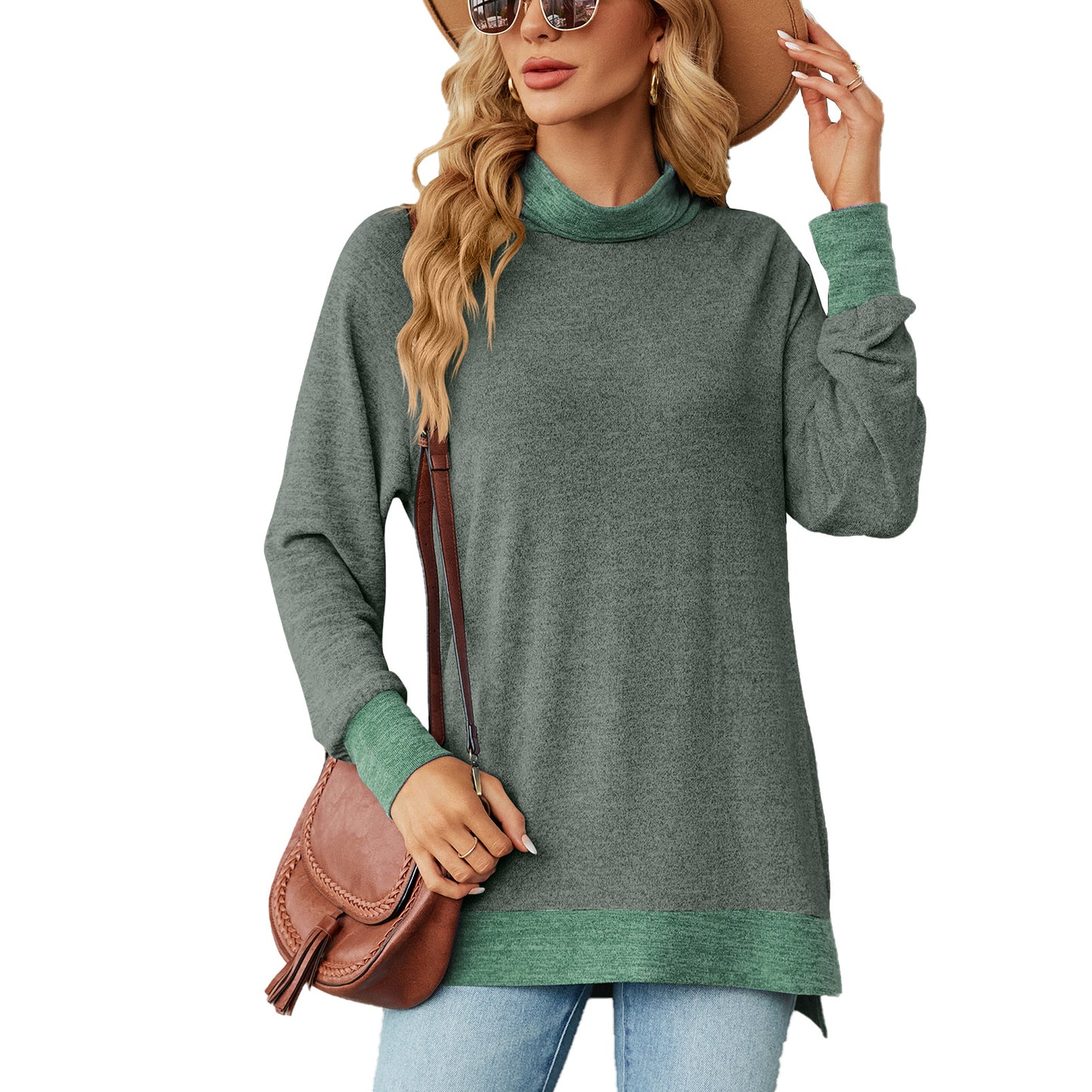 Autumn Winter Contrast Color Scarf Loose Long Sleeve Split Sweatshirt