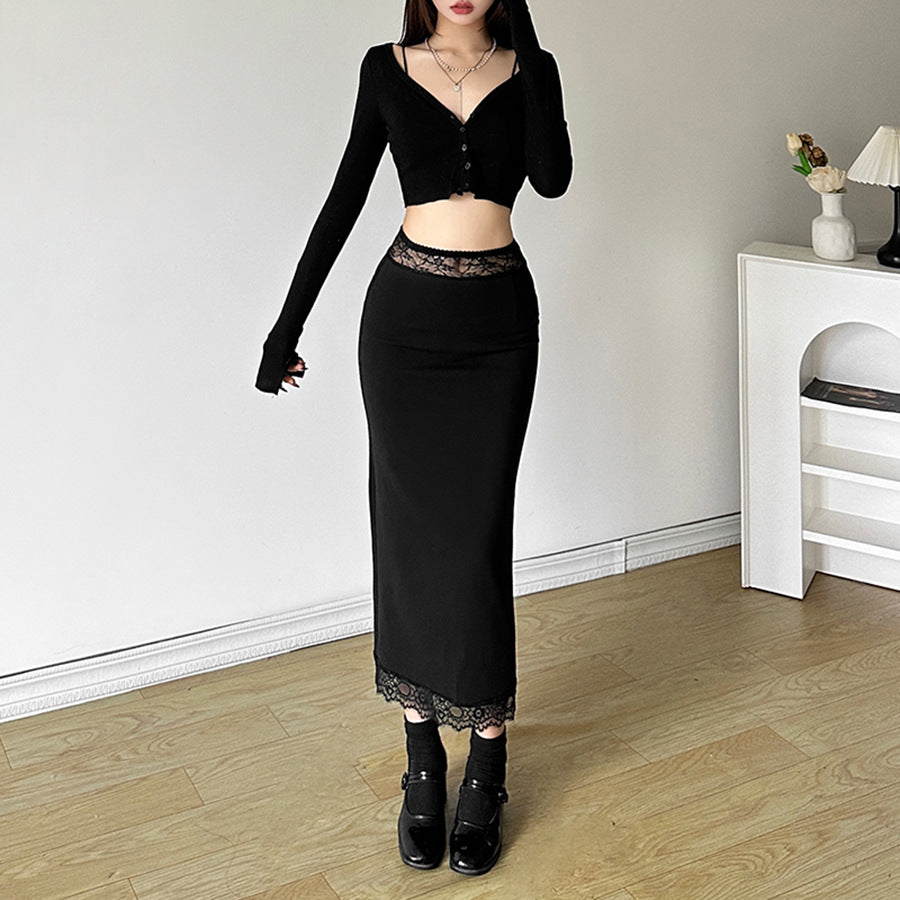 Office High Waist Lace Stitching See Through Skirt