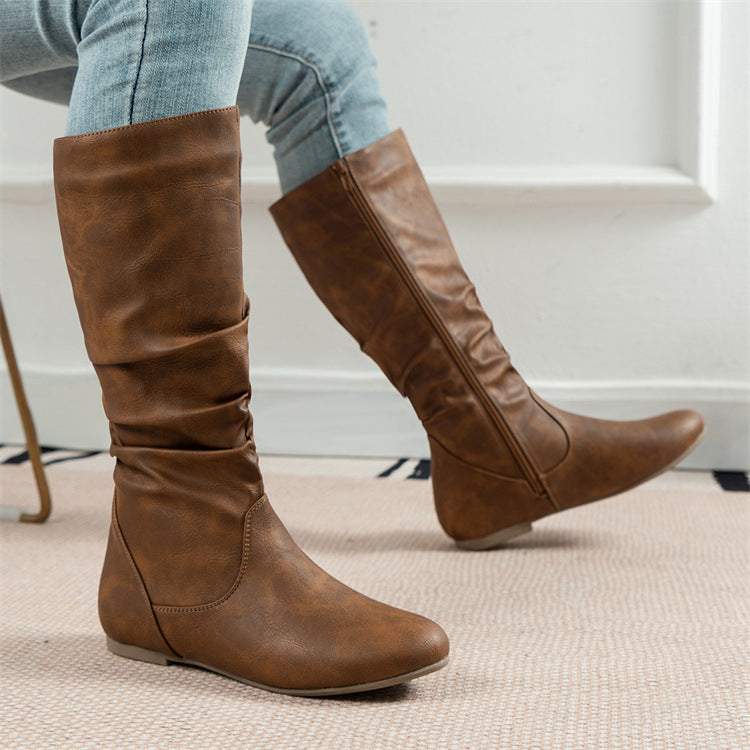 Pleated High Top Inner Zipper Flat Bottom round Head Boots