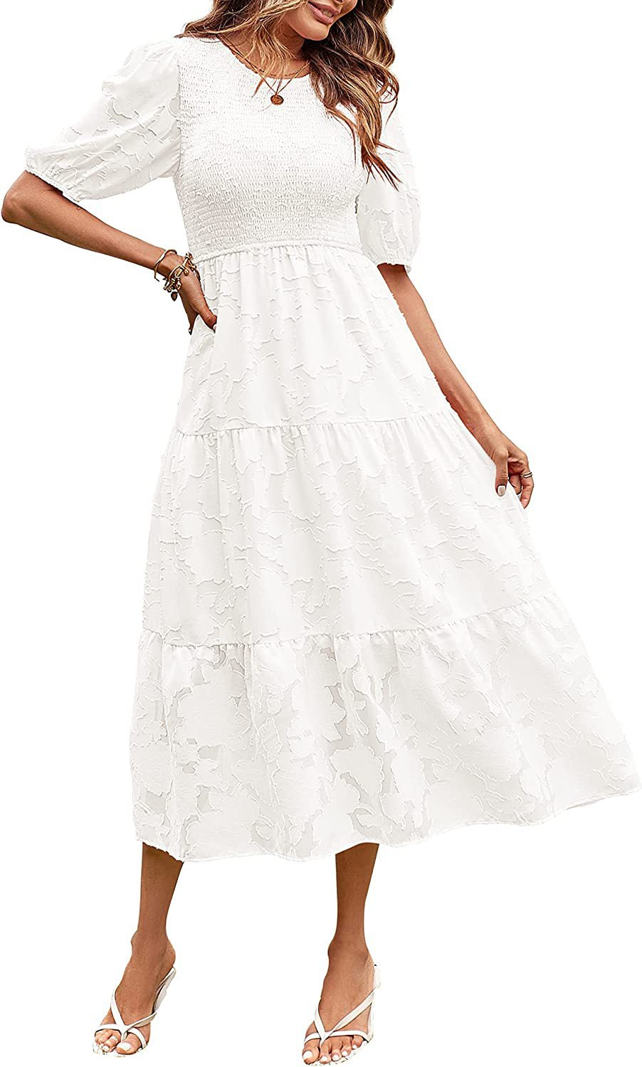 Round Neck Pleated Puff Sleeve Layered Floral Dress