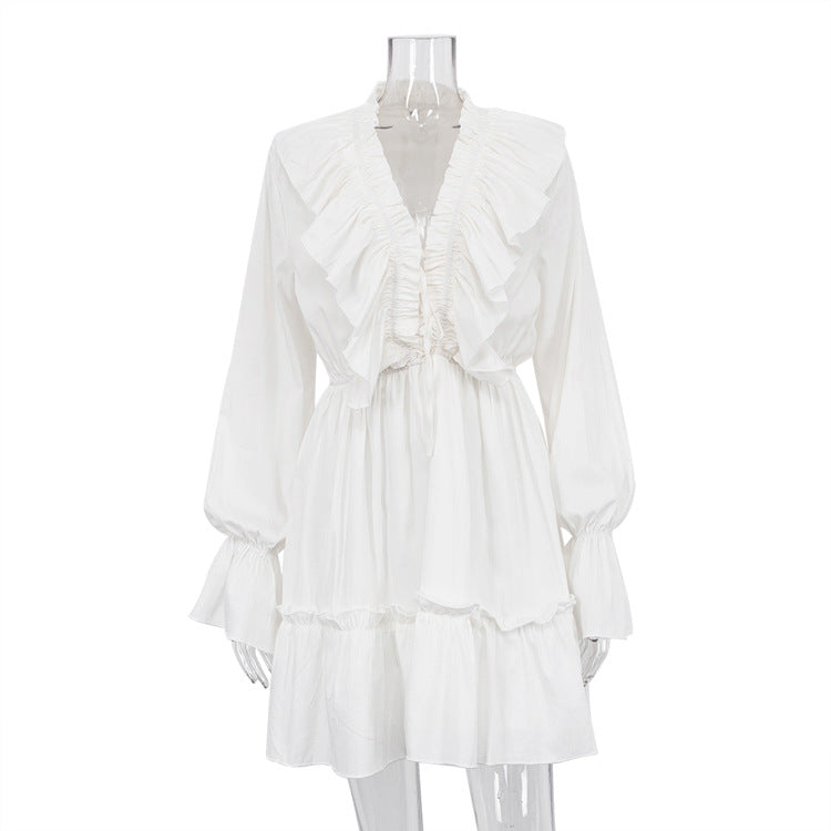 V neck Pleating Bell Sleeve Ruffled White Dress