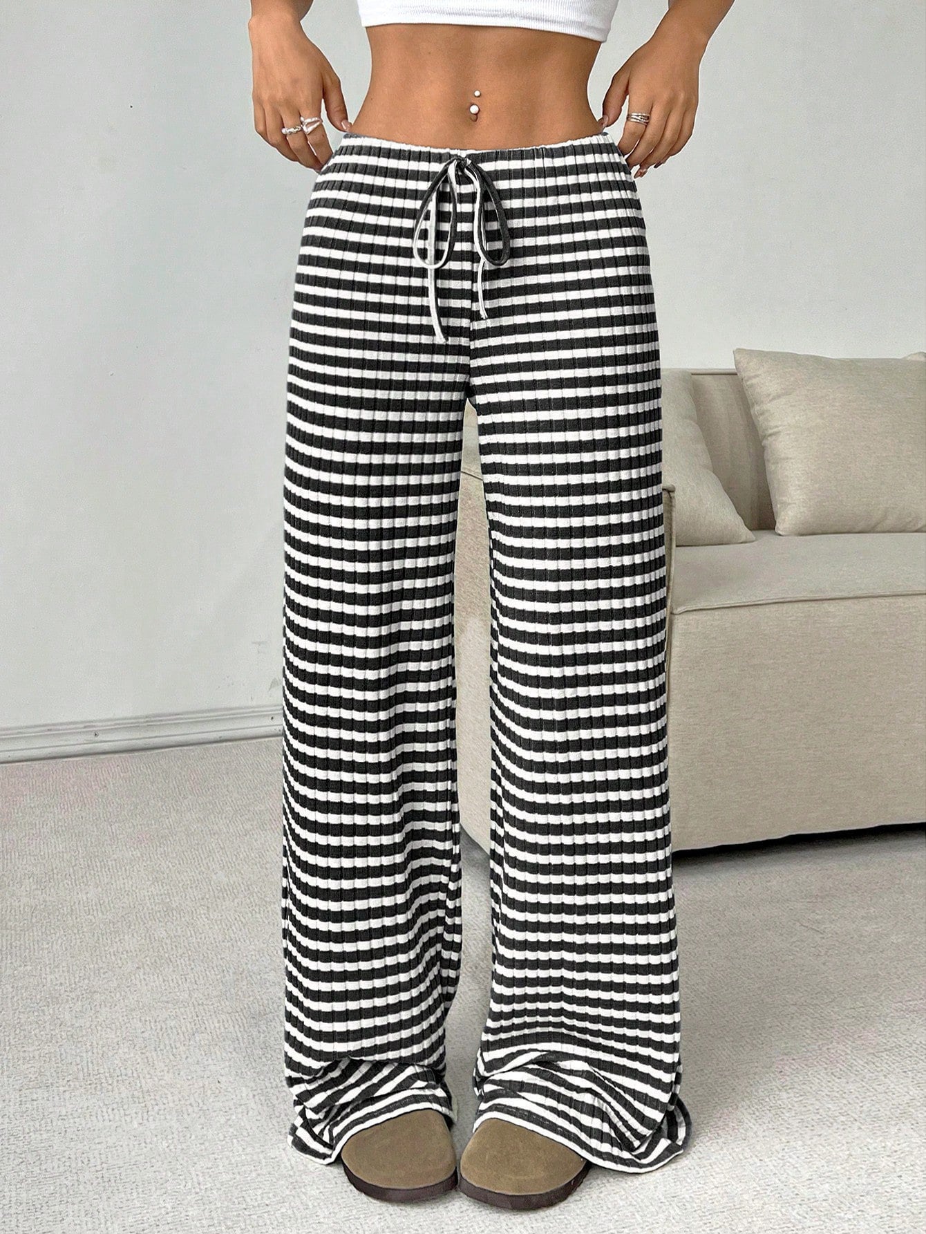 Striped Rubber Band Drawstring Straight Leg Pants