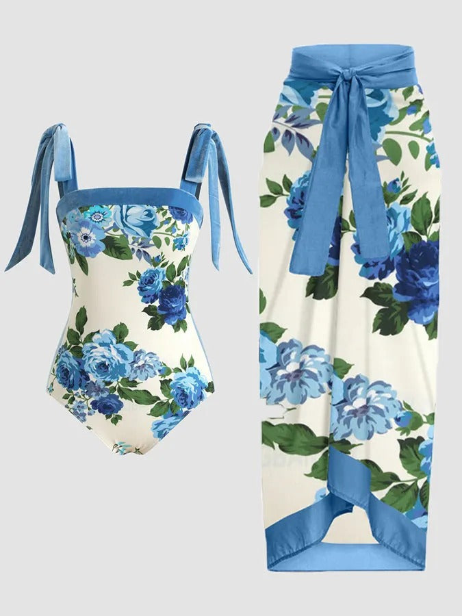 Printed Two-Piece One-Piece Conservative Cover Hip Skirt Swimsuit