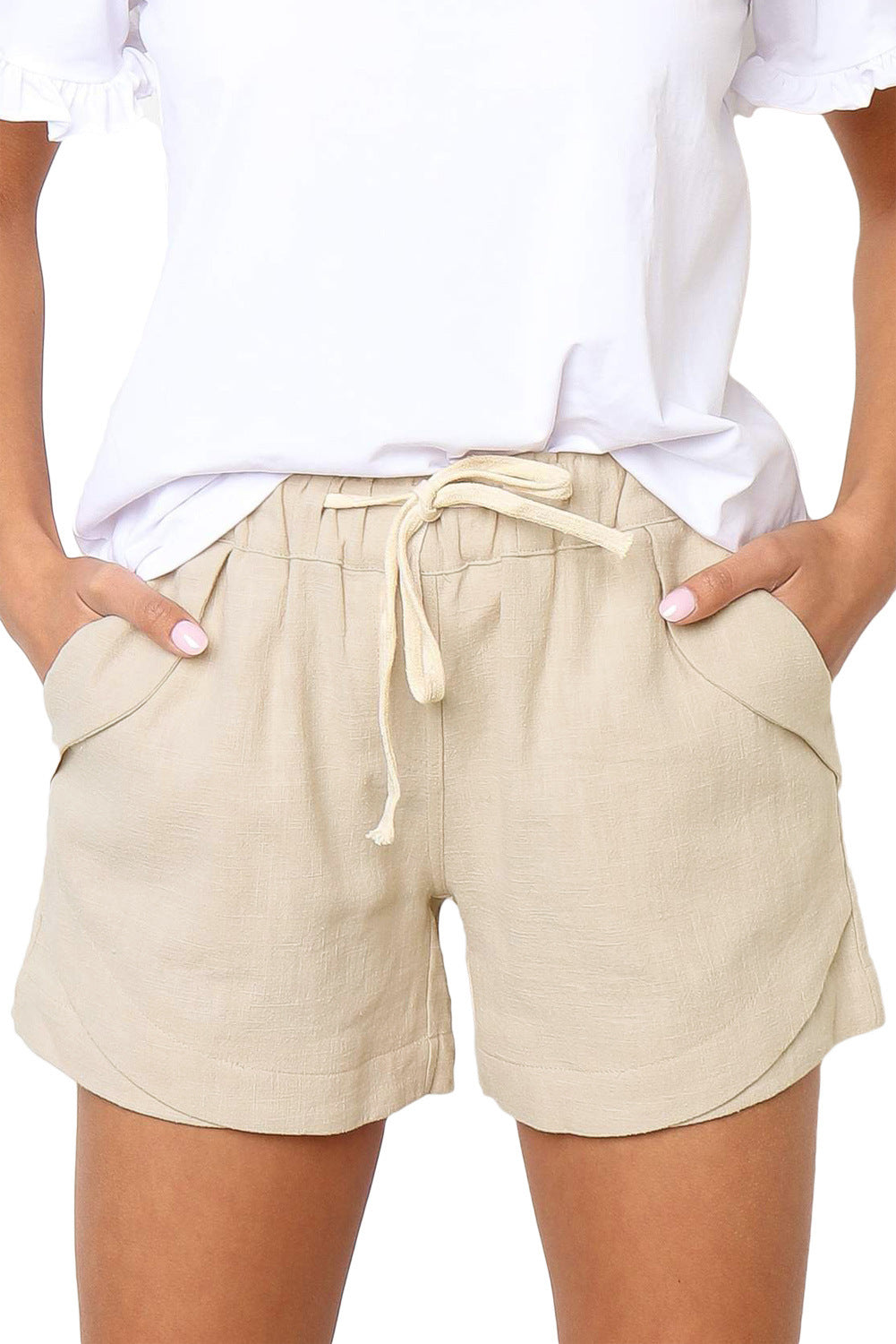 夏季百褶口袋 A 字弹力系带高腰短裤