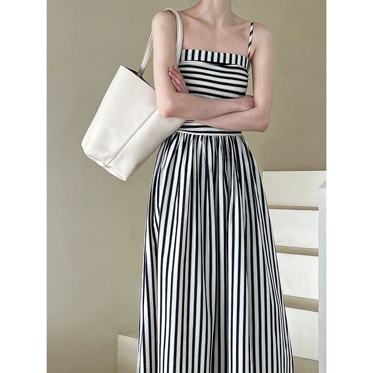 French Striped Bandeau Sling Dress