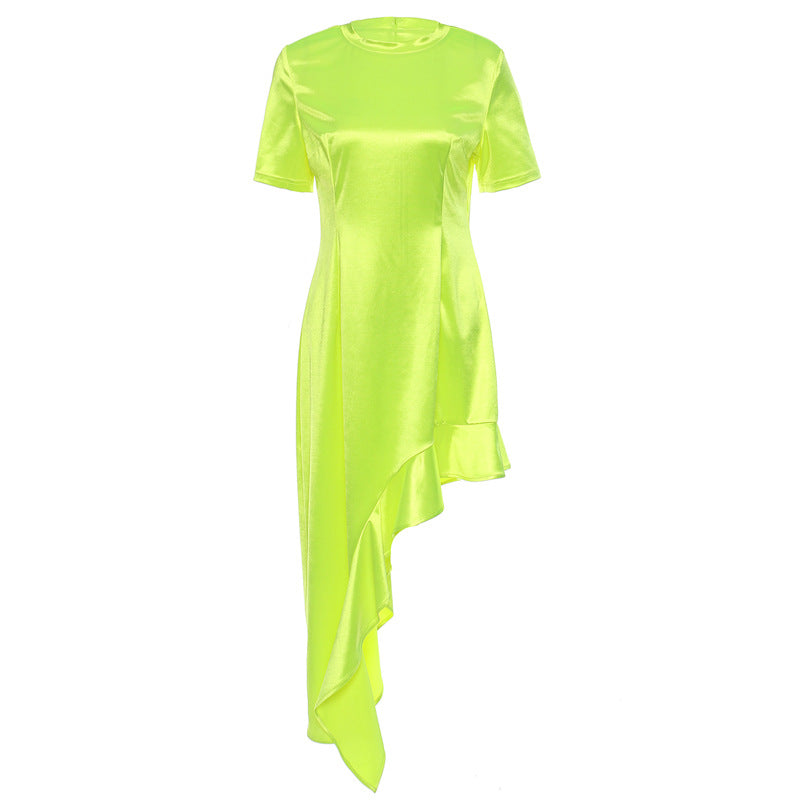 Round Neck Short Sleeve Wave Ruffled Irregular Asymmetric Dress