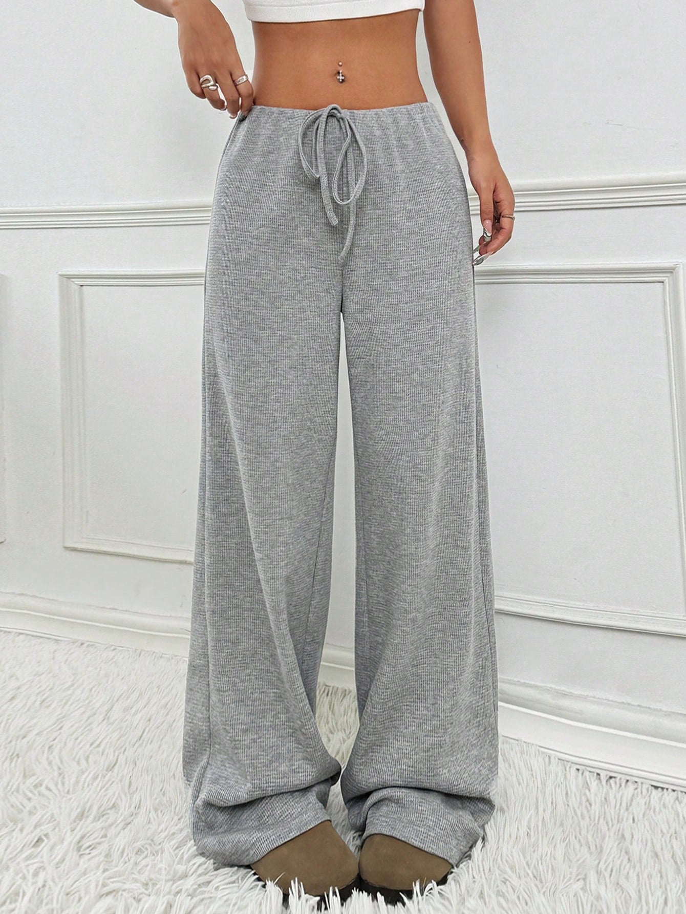 Striped Rubber Band Drawstring Straight Leg Pants