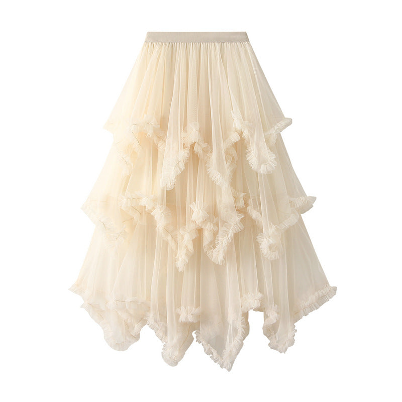 Wooden Ear Irregular Asymmetric Mesh Tiered Skirt