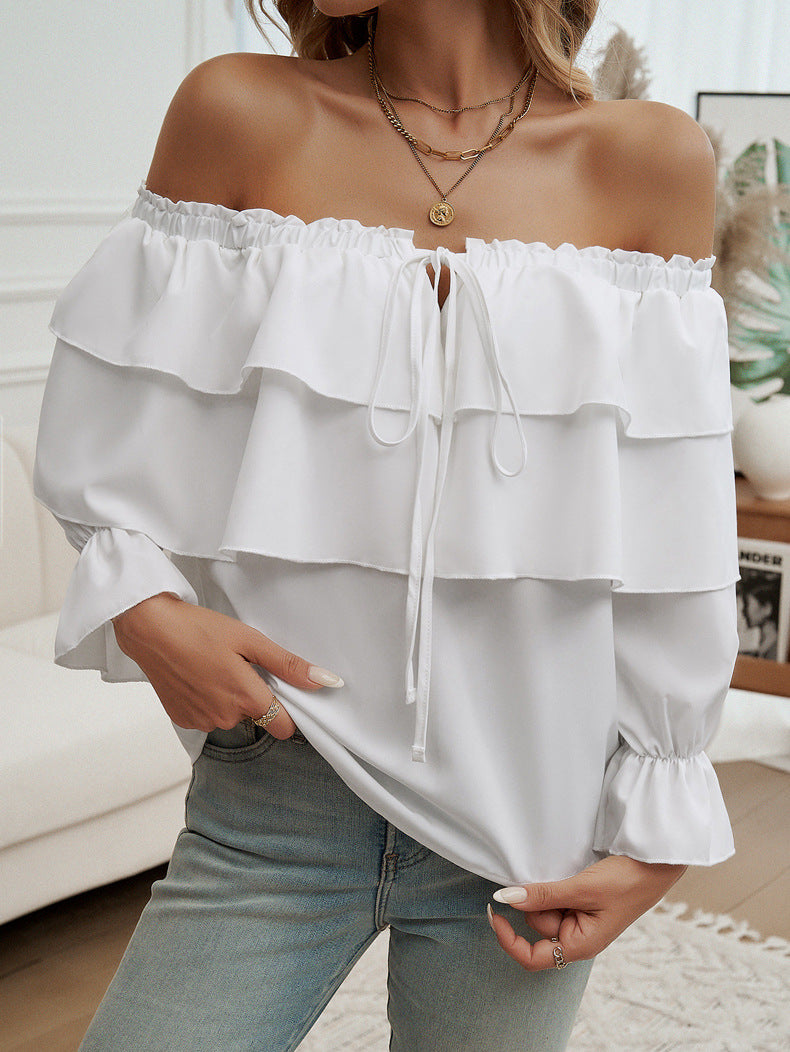 Blusa holgada con pliegues y hombros descubiertos con mangas de obispo