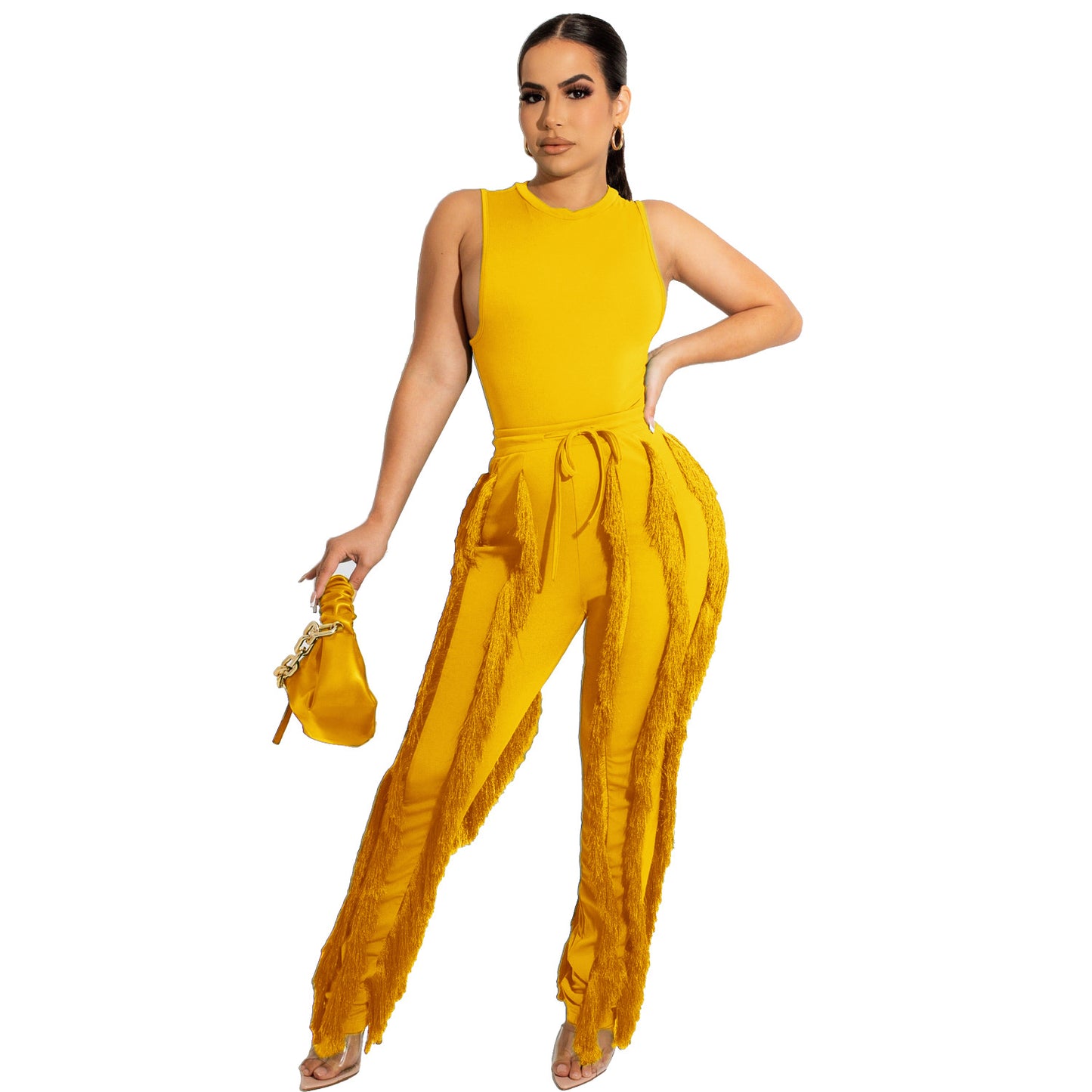 Women Clothing Two Piece Set Tassel Trousers Sleeveless Casual Suit Lace Summer Sexy