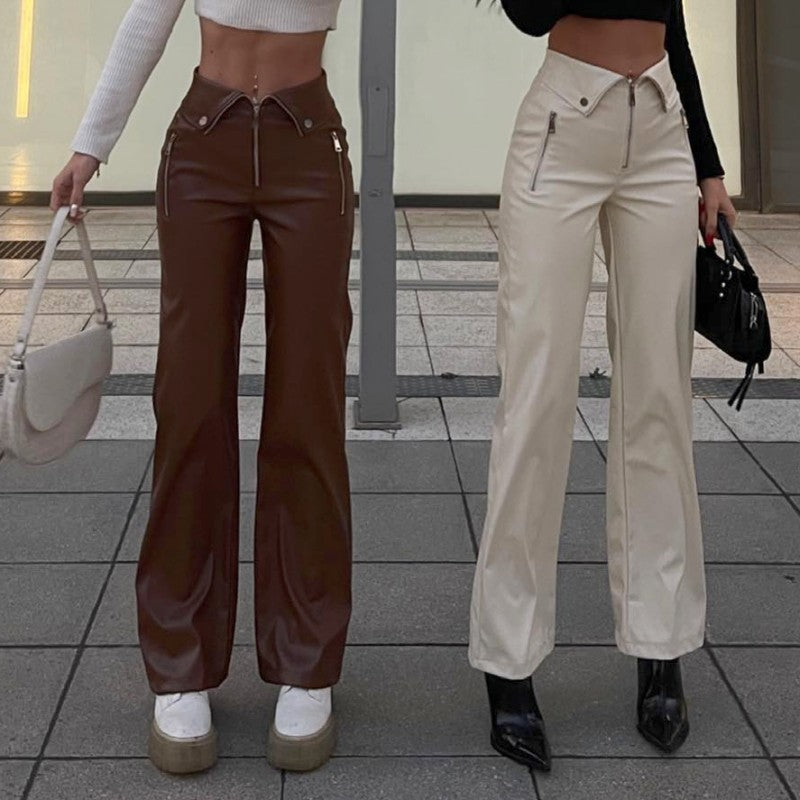 High Waist Straight Loose Wide Leg Leather Pants