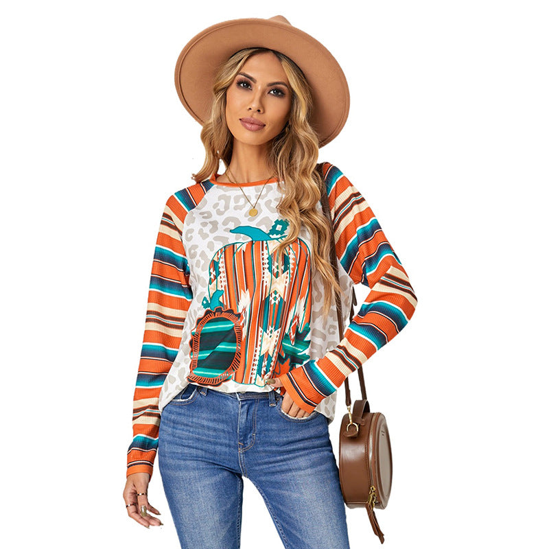 Printed Waffle Contrast Color Long Sleeves Sweater