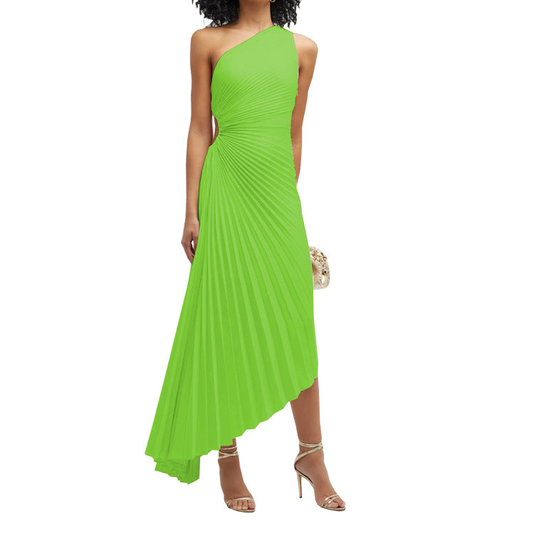 One Shoulder Pleated Color Light Irregular Asymmetric Dress