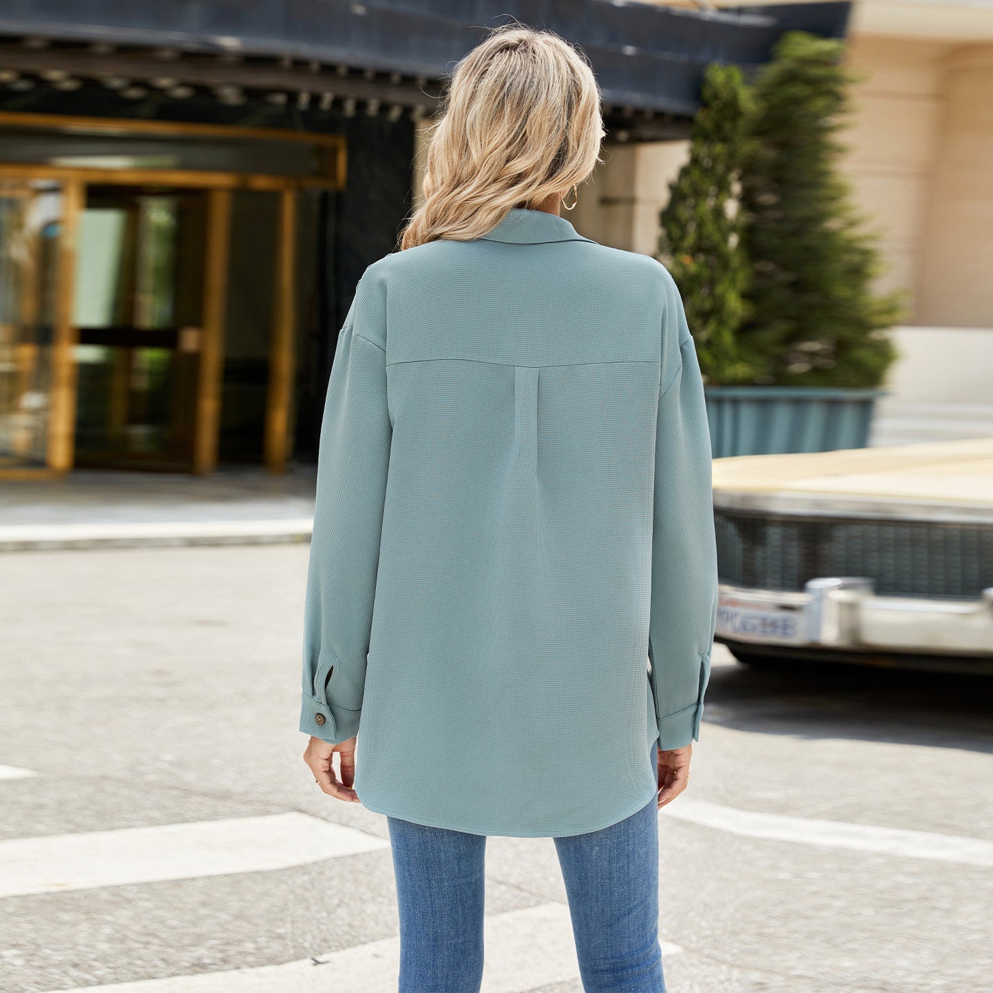 Collared Button Long Sleeve Loose Fitting Shirt