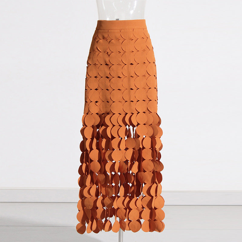 Stitching Wafer Tassel High Waist Solid Color Skirt