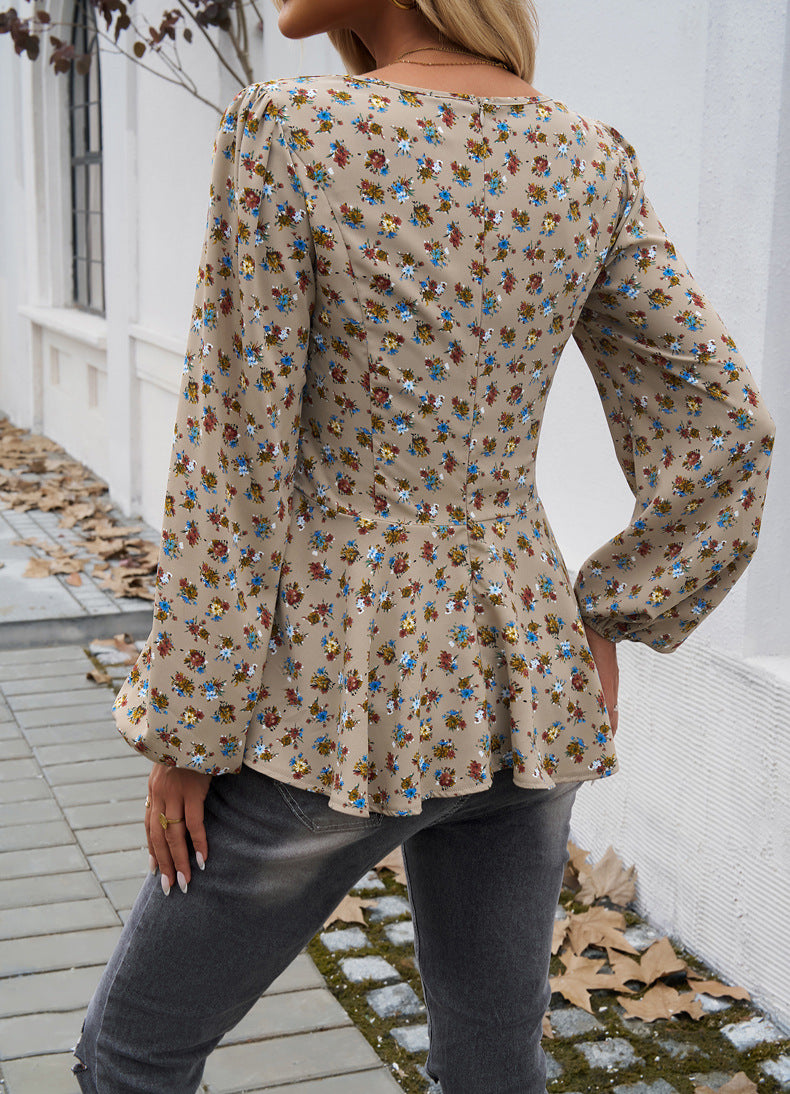 Puff Sleeve Elegant Floral Long Sleeve Blouse