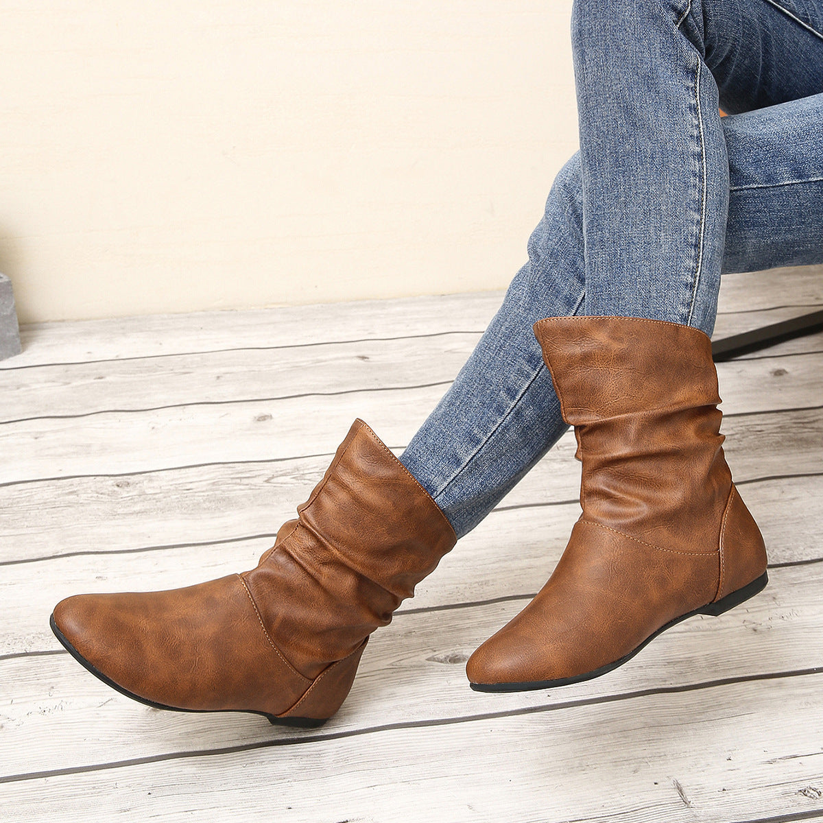 Round Toe Low Heel Faux Leather Boots