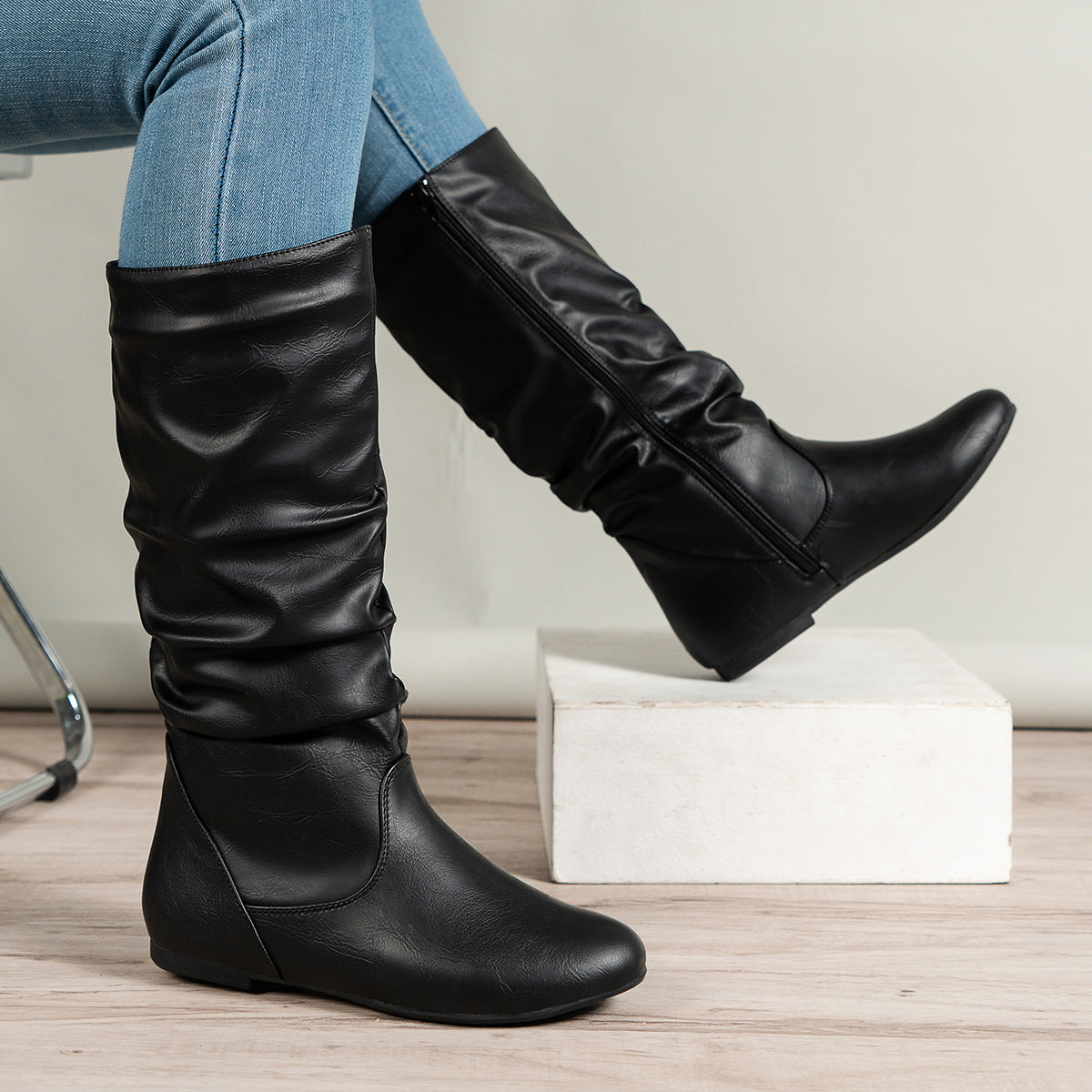 Pleated Faux Leather Round Toe Flat Bottom Ankle Boots