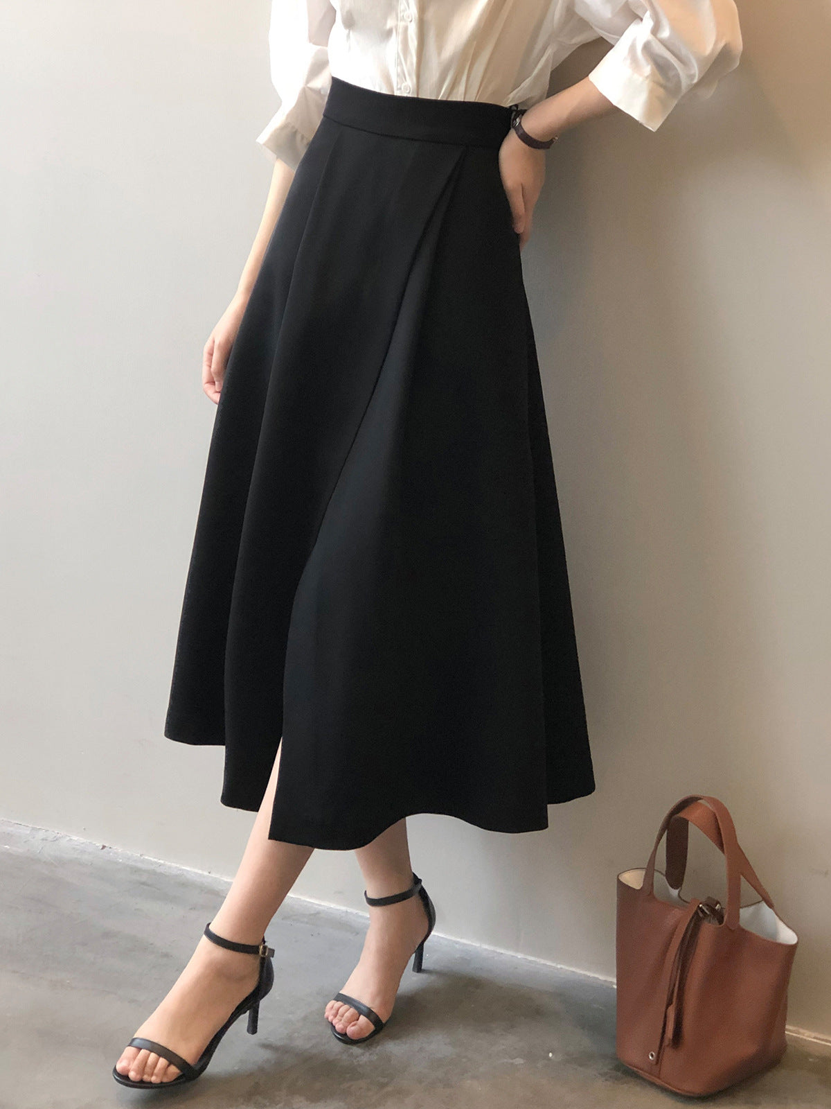 Elegant High Waist Office Slit A line Midi Skirt